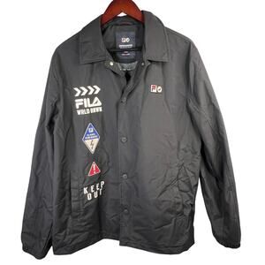 FILA Men's Size XL Black Full-button Windbreaker Jacket with Multiple Patches
